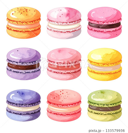 カラフルで可愛いマカロンの水彩イラスト カラフルで可愛いマカロンの水彩イラスト 133579936