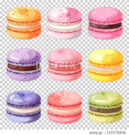 カラフルで可愛いマカロンの水彩イラスト カラフルで可愛いマカロンの水彩イラスト 133579936