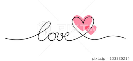 Love word with heart one line continuous shape vector illustration. Valentines Day background with two hearts and line art design. Romantic border isolated in white 133580214