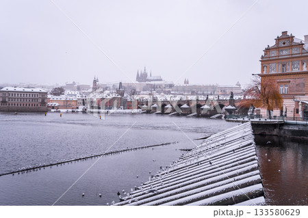 Winter Prague Panoramic Cityscape with Prague Castle, Charles Bridge and Vltava River. Czech Republic 133580629