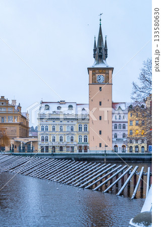Waterworks Tower on Smetana Embankment in wintertime Prague, Czech Republic 133580630