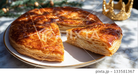 French Galette des Rois served on a plate with a slice removed, showcasing flaky pastry and golden crust 133581367