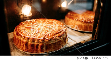 French Galette des Rois displayed in bakery window, showcasing golden crust and intricate design 133581369