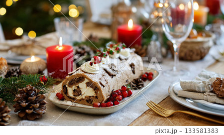 Buche de Noel as the centerpiece on a beautifully decorated Christmas table, adorned with candles, pinecones, and elegant cutlery for holiday celebrations 133581383