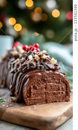 Macro photo of vertically aligned chocolate flakes on buche de noel, showcasing glossy texture and festive bokeh lights in the background 133581399