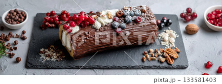 Buche de Noel on slate board with fresh berries and nuts, showcasing a festive holiday dessert in a minimalist composition for Christmas celebrations Buche de Noel on slate board with fresh berries and nuts, showcasing a festive holiday dessert in a minimalist composition for Christmas celebrations 133581403