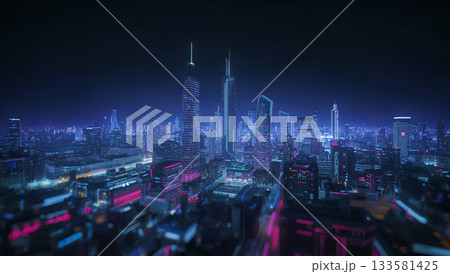 ネオンとLEDが輝くサイバーパンクな夜景:未来の大都市と超高層ビル群 ネオンとLEDが輝くサイバーパンクな夜景:未来の大都市と超高層ビル群 133581425