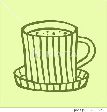 A charming doodle-style striped teacup and saucer set, brimming with vibrant matcha green tea, elegantly placed on a serene light green background. A charming doodle-style striped teacup and saucer set, brimming with vibrant matcha green tea, elegantly placed on a serene light green background. 133581747