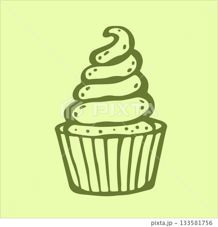 Delicious matcha green tea cupcake, perfectly frosted and adorned, sits on a soft light green background. 133581756