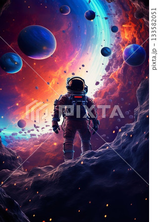 abstract illustration of astronaut floating in outer space, dreamlike cosmonaut in space suit flying on purple clouds of cosmos, astronomy concept 133582051
