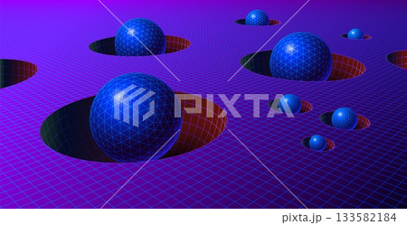 Retro-futuristic 80s grid landscape with geometric spheres in polygonal holes, vintage synthwave and science fiction art 133582184