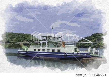 水彩画風　安芸灘とびしま海道　大崎下島　小長港　第五かんおん　広島県呉市 133582271