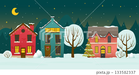 Cozy Winter Night Town. Christmas Background with Houses and Christmas tree Cozy Winter Night Town. Christmas Background with Houses and Christmas tree 133582337