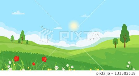 Spring landscape with green tree, grass and blooming Wild flowers Red Poppy and White Chamomile. Sunny Seasonal Nature poster. Springtime flat horizontal background. Vector illustration. Not AI 133582519