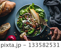Fresh Green Salad With Pear, Walnuts and Blue Cheese 133582531