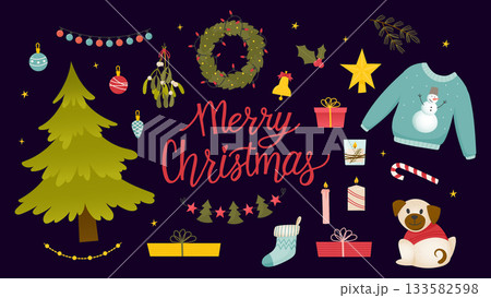 Set of cute cartoon Christmas and New Year elements with Christmas tree, garlands, wreath, holly, mistletoe, candles, stocking, dog, sweater, star, gifts, candy cane, bell, lights, balls 133582598