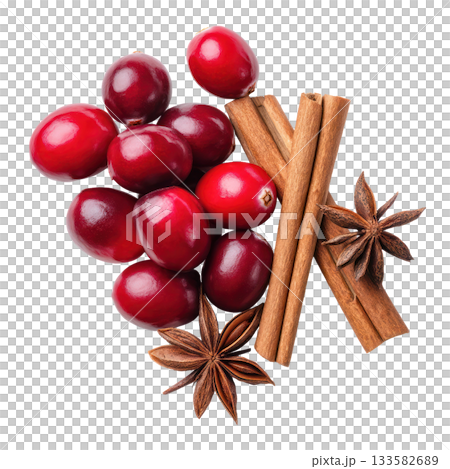 Fresh red cranberries arranged with cinnamon sticks and star anise, creating a vibrant and aromatic composition for culinary inspiration. Isolated on transparent background. 133582689