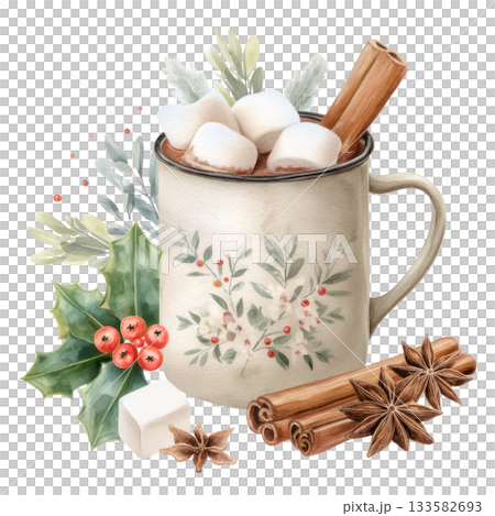 Watercolor illustration of hot chocolate with marshmallows and surrounded by holiday spices and greenery, perfect for winter celebrations. Isolated on transparent background. 133582693