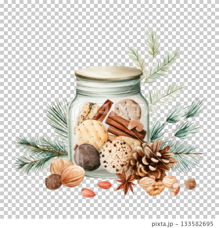 Watercolor illustration of a glass jar filled with assorted cookies and spices, surrounded by pine branches and natural elements for a cozy atmosphere. Isolated on transparent background. Watercolor illustration of a glass jar filled with assorted cookies and spices, surrounded by pine branches and natural elements for a cozy atmosphere. Isolated on transparent background. 133582695
