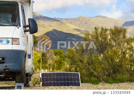 Solar photovoltaic panel at camper caravan 133583095