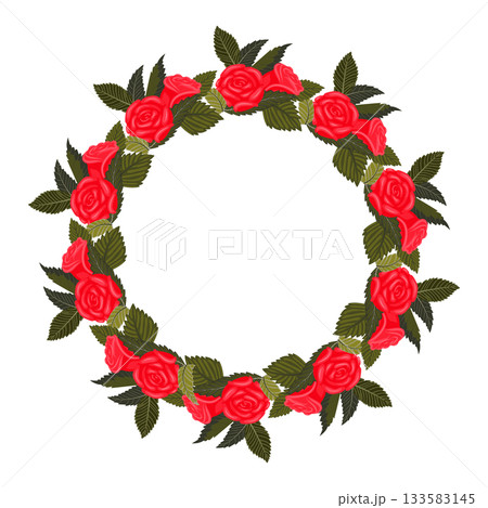 A wreath of lush, lovely, bright red roses for your design. A wreath of lush, lovely, bright red roses for your design. 133583145