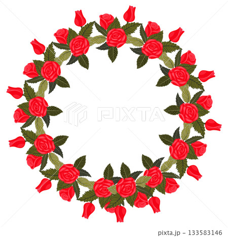 A wreath of lush, lovely, bright red roses for your design. A wreath of lush, lovely, bright red roses for your design. 133583146