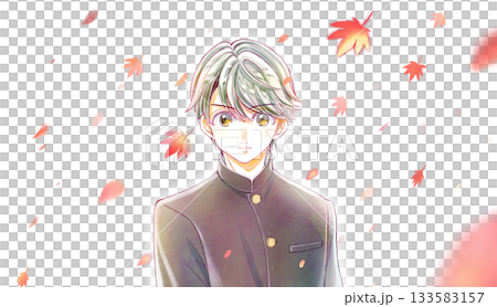 Male student in school uniform, motivation, autumn leaves 133583157