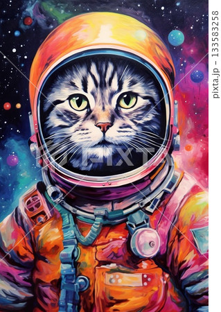 funny astronaut cat in space suit, fun kitty in spacesuit flying in cosmos 133583258