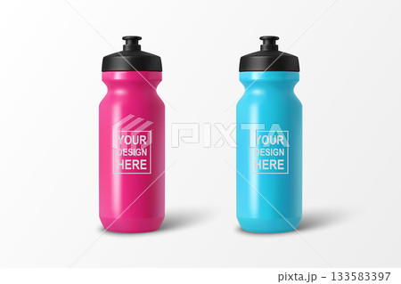 Vector 3d Realistic Sports Water Bottle Set, Isolated. Blank Plastic Cycling Water Bottle with Black Cap. Water Bottle Template. Vector Sport Bottle for Fitness, Gym, Branding, Packaging Design 133583397