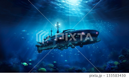 old fashioned retro submarine underwater, vintage or steampunk style sub marine in deep blue sea or ocean water 133583430
