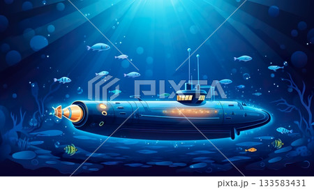 old fashioned retro submarine underwater, vintage or steampunk style sub marine in deep blue sea or ocean water 133583431