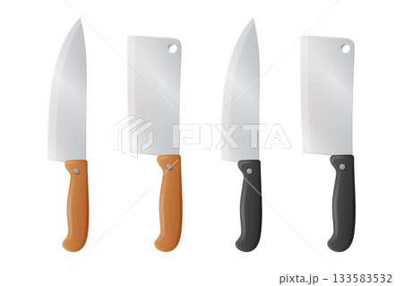 Vector 3d Chef Knife Icon Set, Top View. Stainless Steel Kitchen Knife, Isolated. Kitchen Knife with Black and Wooden Handle. Chef Knife Clipart, Design Template 133583532