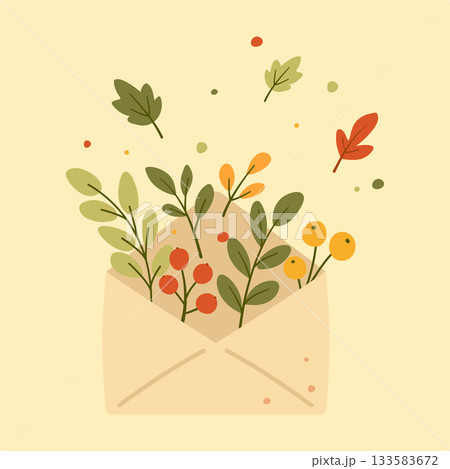 Autumn Envelope with Leaves, Branches and Berries in Warm Cozy Style Autumn Envelope with Leaves, Branches and Berries in Warm Cozy Style 133583672