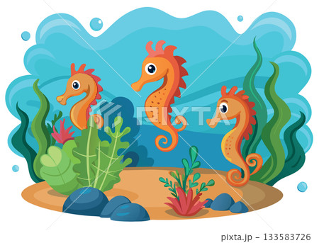 Three seahorses swimming gracefully in the ocean depths- 133583726