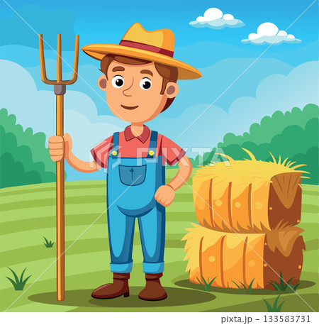 Happy farmer holding pitchfork standing near hay bales in the farmland Happy farmer holding pitchfork standing near hay bales in the farmland 133583731