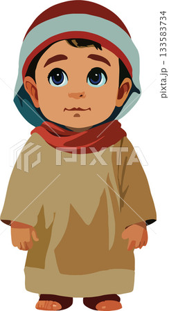 Muslim toddler wearing traditional clothes and hat smiling 133583734