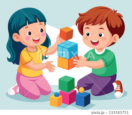 Happy children playing and building with blocks Happy children playing and building with blocks 133583751