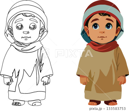 Young muslim child wearing traditional clothes and headscarf, colored and outline versions 133583753