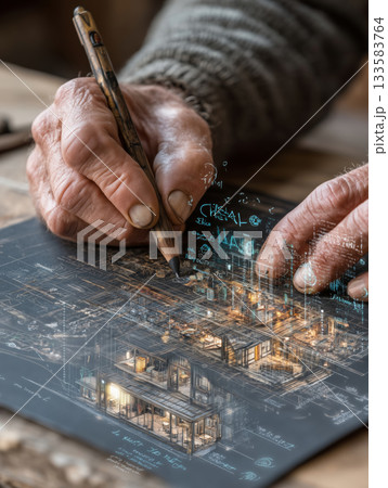 Sketching a detailed building plan with care and precision by skilled hands Sketching a detailed building plan with care and precision by skilled hands 133583764