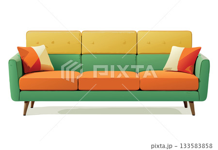 Modern green sofa with colorful pillows standing on white background- Modern green sofa with colorful pillows standing on white background- 133583858