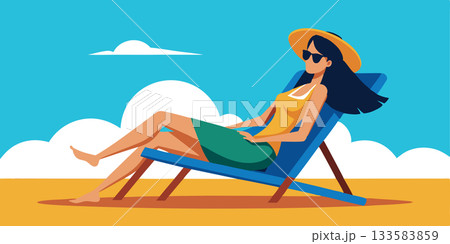 Beautiful woman relaxing on a beach chair enjoying summer sunbathing on vacation Beautiful woman relaxing on a beach chair enjoying summer sunbathing on vacation 133583859