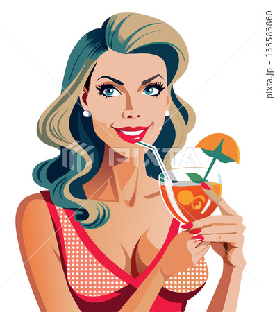 Attractive woman drinking cocktail with straw and smiling Attractive woman drinking cocktail with straw and smiling 133583860