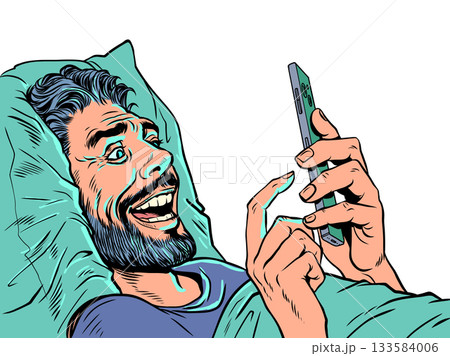 Pop Art Retro A man in bed staring at his phone. Technology and internet addiction. Special offers and promotions for customers. Pop Art Retro A man in bed staring at his phone. Technology and internet addiction. Special offers and promotions for customers. 133584006