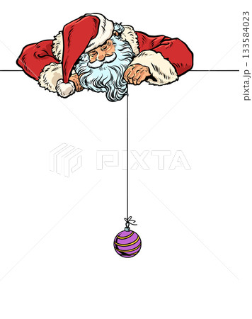 Pop Art Retro Santa Claus holding a Christmas tree bauble on a string. Celebrate the approach of Christmas and New Year with Santa Claus. Find discounts on New Year's holidays and gifts. Pop Art Retro Santa Claus holding a Christmas tree bauble on a string. Celebrate the approach of Christmas and New Year with Santa Claus. Find discounts on New Year's holidays and gifts. 133584023