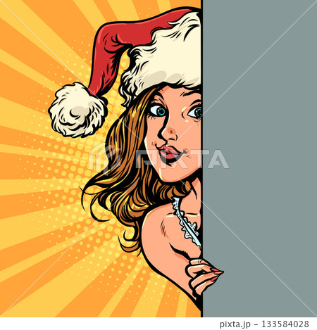 Pop Art Retro A girl dressed as Santa Claus. New Year's discounts and gifts. Creating a surprise for the winter holidays. 133584028
