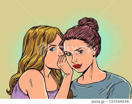 Pop Art Retro Dialogue between women in secret. Women whisper looking straight ahead. Rumors and gossip behind the back. Pop Art Retro Dialogue between women in secret. Women whisper looking straight ahead. Rumors and gossip behind the back. 133584039