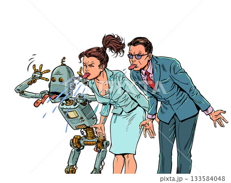 Pop Art Retro People and robot stick out their tongues together. Problems in the labor market. A company of scammers. 133584048