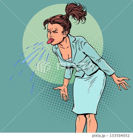 Pop Art Retro Woman sticking out her tongue. Problems at work and in the team. Dismissal from the profession. 133584052