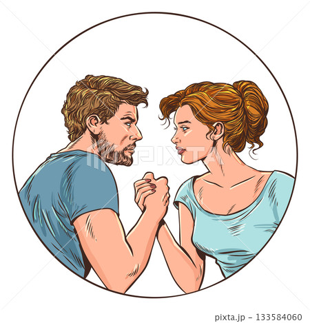 Pop Art Retro Woman and man fighting each other. Arm wrestling between opposites. Problems in a couple's relationship. 133584060