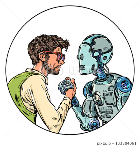 Pop Art Retro Robot and man fight each other. Arm wrestling between opposites. Human defense against AI. Pop Art Retro Robot and man fight each other. Arm wrestling between opposites. Human defense against AI. 133584061